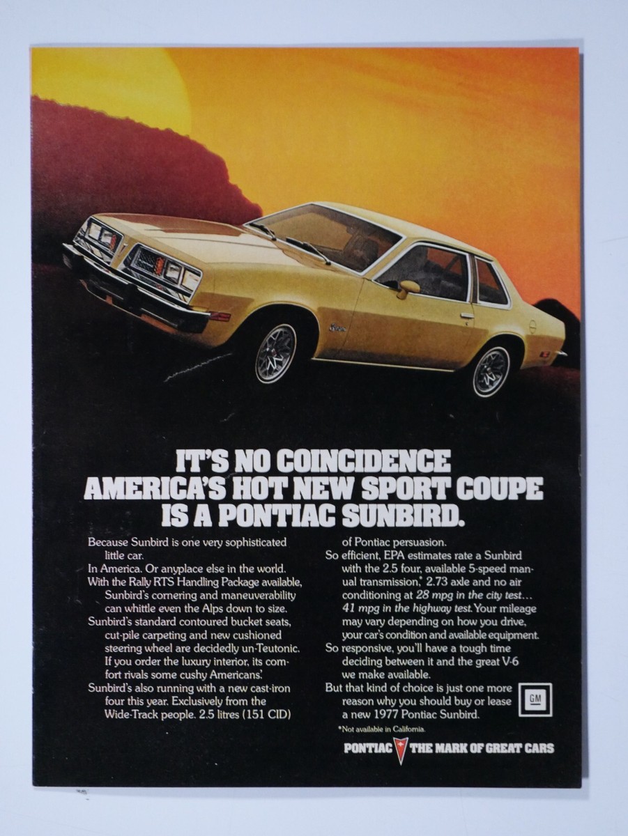 1977 Pontiac Sunbird Vintage Original Print Ad-8.5 x 11