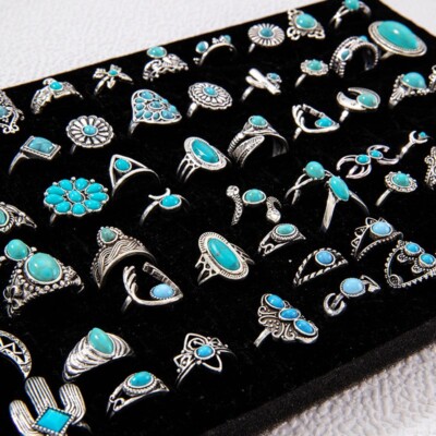 100Pcs Women Rings Vintage Boho Blue Stone Turquoise Wholesale Mix Styles Ethnic