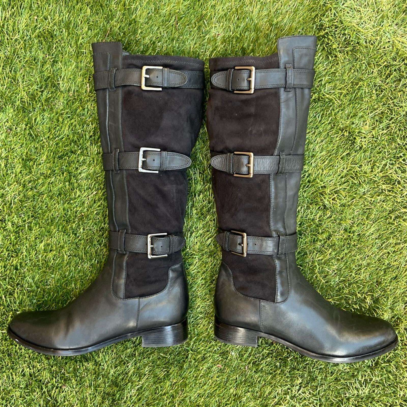 Cole Haan Avalon Tall Black Boots Grunge Buckle Leather Bikercore size 8.5