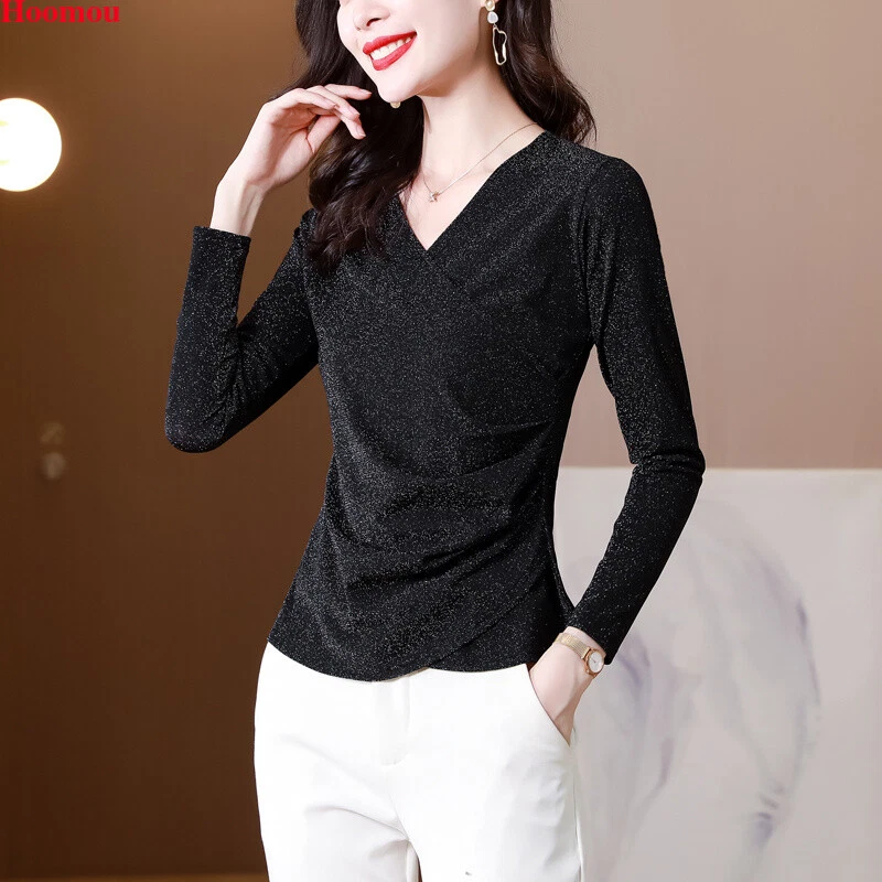 Women Mesh Glitter Cross V-neck Ruched Stretch Party Cocktail Shirts Tops Blouse