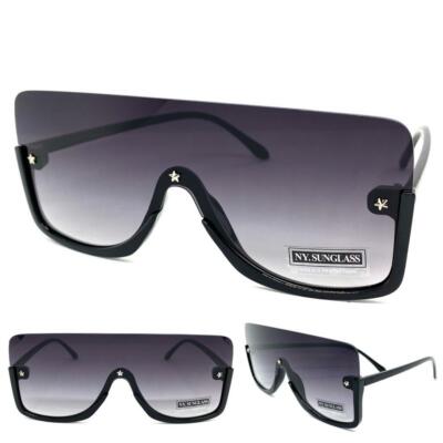 Oversized Classy Elegant Modern Retro Shield Style SUN GLASSES Large Black Frame