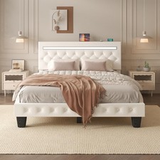 Queen Size Bed Frame with LED Lights, Upholstered Platform Bed Frame