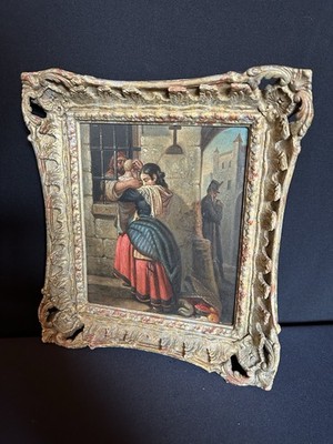 antikes Ölgemälde Szene am Gefängnis Abschied Wachmann Frau&Kind um 1870