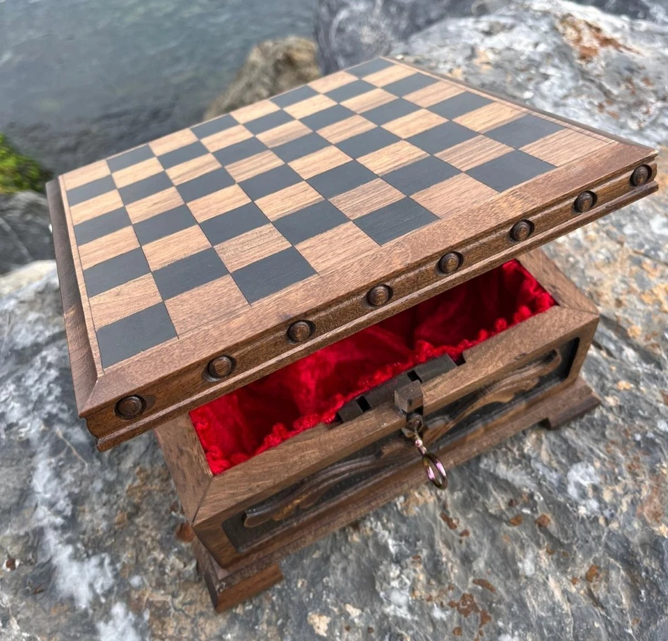 Puzzle Vintage Walnut Chess Board with Hidden Key – Handmade Solid Wood Gift for - Image 2 of 4