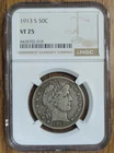 1913-S Barber 50c. NGC VF25. San Francisco Silver Half Dollar.