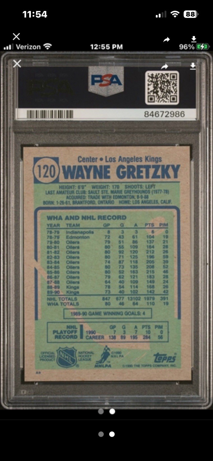 1990 Topps #120 Wayne Gretzky Los Angeles Kings HOF Hockey Card PSA 9 MINT view 2