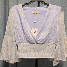 Chelsea  Violet Lavender Crop Blouse with Gold Accents Flowy Sleeves Size S