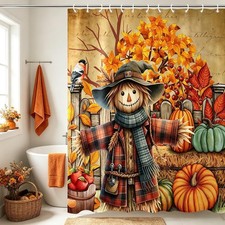 Fall Harvest Scarecrow Shower Curtain, Autumn Pumpkin and Leaves Bathroom Decor