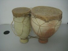 Vintage Terracotta Clay & Hide Double Bongo Drum Rustic Primitive Folk Art