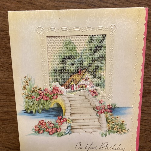 Vintage 1940s Happy Birthday Greeting Card Fishnet Screen House Home Cottage P2C - Picture 2 of 21