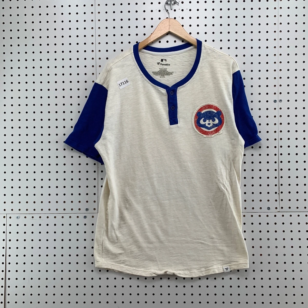 Chicago Cubs Henley Shirt Blue White Mens Large Short Sleeve Fits 21X30 Logo