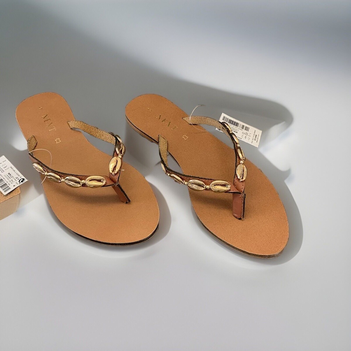 Next Thong Toe Post Flip Flops Sandals Brown Leather Gold UK Size
