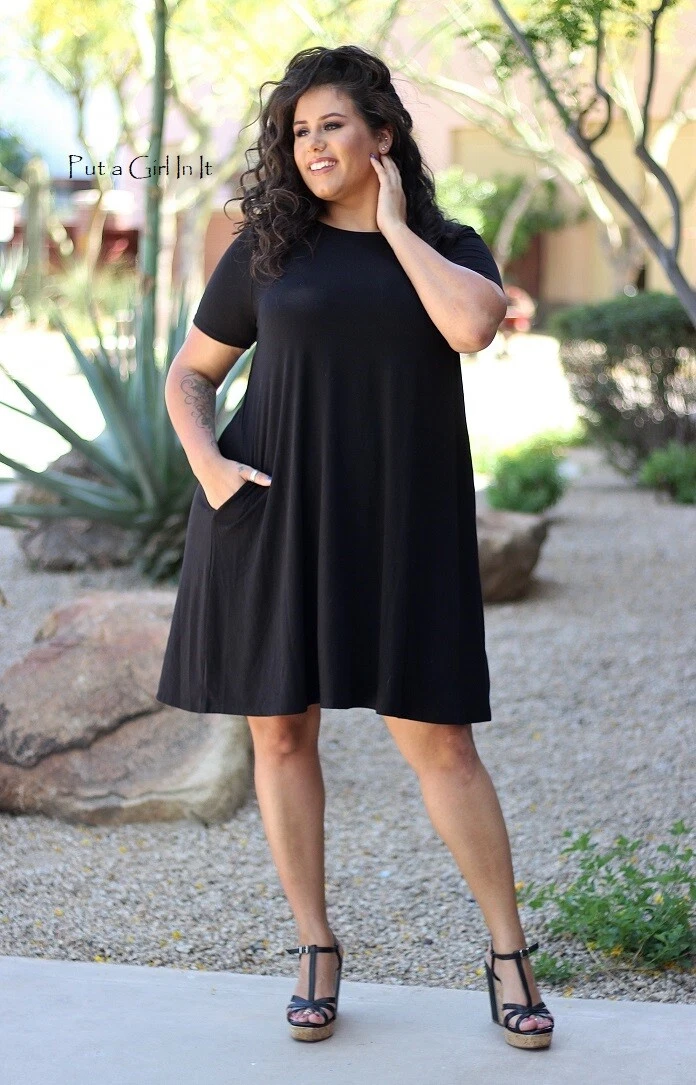 New PLUS SIZE Womens SOLID BLACK SOFT VISCOSE SWING DRESS POCKETS 1X 2X 3X  TRUE | eBay
