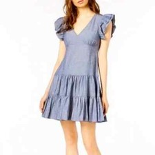 JILL Jill Stuart Dress Blue Chambray Tiered Ruffle Flutter Sleeve Mini.