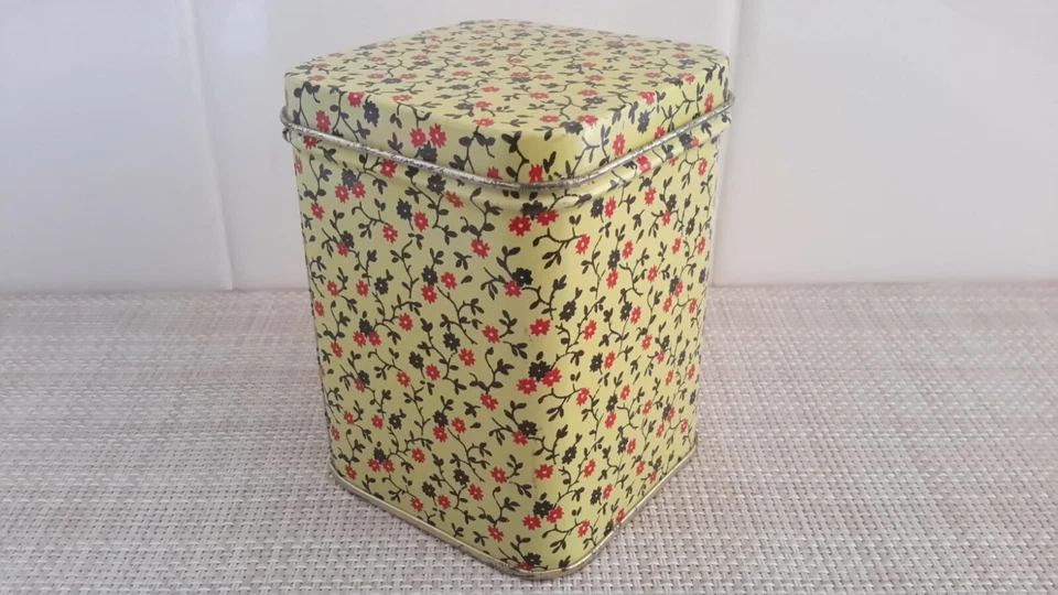 Unmarked  Yellow Metal Tin Storage Container Box Red/Black Flowers 3.75x2.5x2.5" - Image 2 of 4