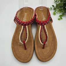 Socofy Sandals Women's 39 Red Suede Rhinestone Bling Thong Slip On Flip Flops