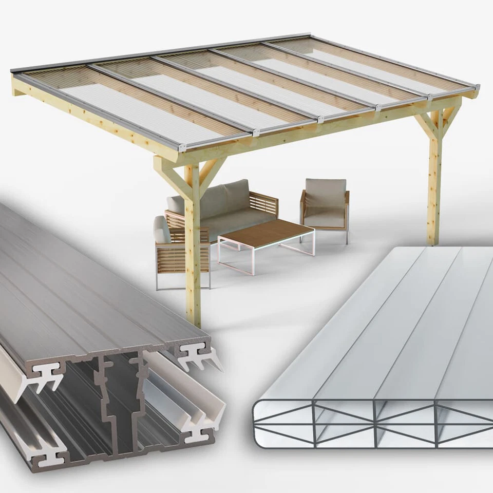 Terrassenüberdachung Doppelstegplatten 16 mm X-Struktur farblos klar Alu/Alu