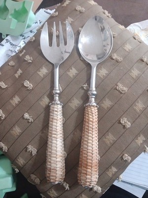 12 Inch Salad Serving Set.  Rattan Wrapped Handles