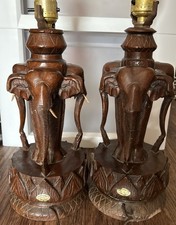 Carved Teakwood Elephant Lamps Lotus Flower Base Handmade Thailand Vintage Lot 2
