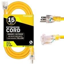 Thonapa 15 Ft Lighted Outdoor Extension Cord - 12/3 Heavy Duty, Yellow- 3 Prong