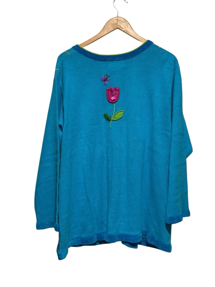 Quacker Factory Size 1X Blue Easter Bunny Floral Novelty Womens Cardigan Sweater - Image 4 of 4