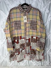 Easel Patchwork Plaid Button Up Tunic Shirt S...