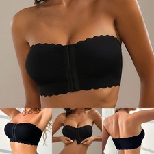 Women's Solid Color Front Closure Seamless Push Up Bandeau Bra with Wavy for