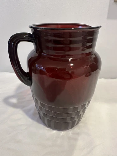 Anchor Hocking Ruby Red Glass Georgian Honeycomb Large Water Pitcher Ice Lip VTG