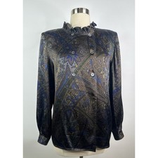 Vintage Valentino 100% Silk Double Breasted Long Sleeve Shoulder Pads Womens Top