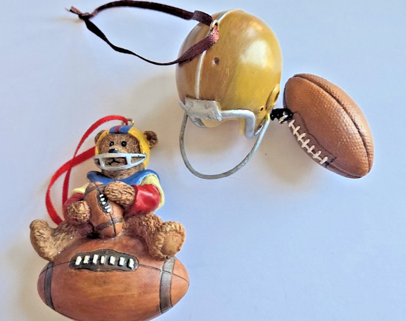 2 Football Christmas Ornaments Teddy Bear And Helmet with all attached