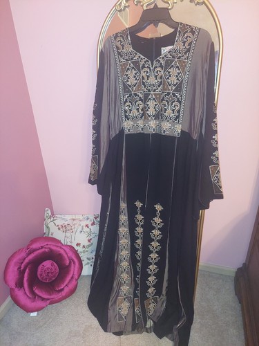 Al Malitha Women's Embroidered Kaftan Dress Size 2 Black Gold Polyester Jordan