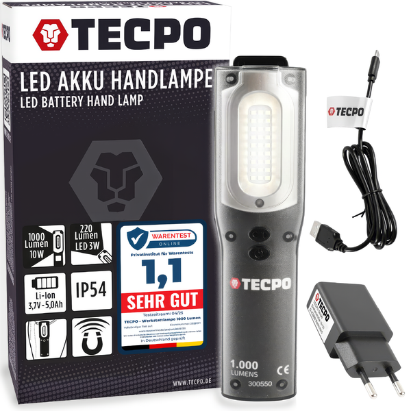 Tecpo Werkstattlampe Akku Handlampe 1000Lm Led Arbeitsleuchte Stableuchte IP54-image