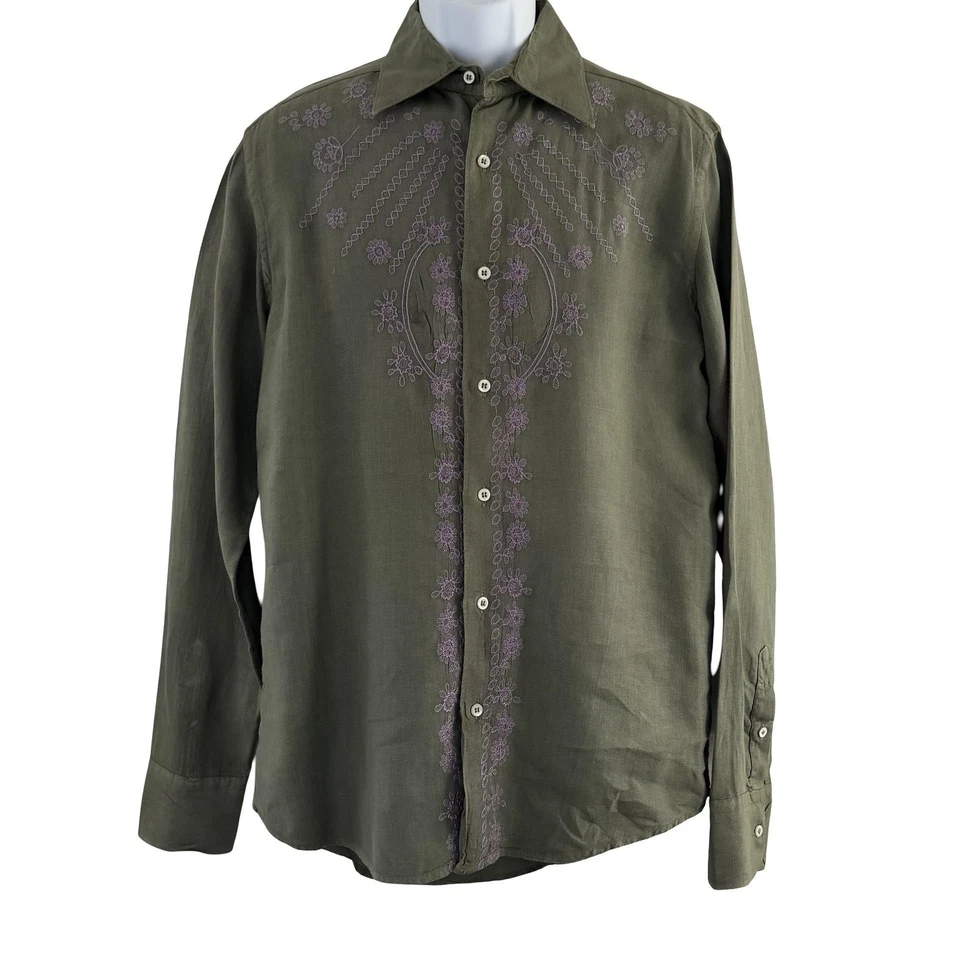 Coast Shirt Mens Medium Olive Linen Floral Embroidered Long Sleeve Made Italy - Image 2 of 4