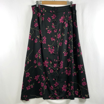 VTG 90s Womens Dark Floral Rayon Button Front Midi Skirt Sz L Romantic Cottage