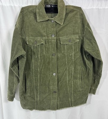Zara Outerwear Green Corduroy  Frayed Button Up Casual Jacket  XS