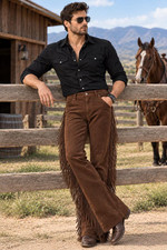 Men's Brown Suede Leather Fringe Pants Western Cowboy Trousers