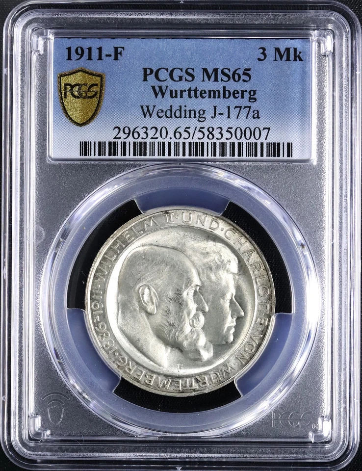 Kaiserreich Württemberg 3 Mark 1911 F Wilhelm Silberne Hochzeit PCGS MS65 - Bild 1 von 2