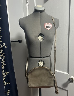Old Navy Metallic Gold Half Moon Tassel Crossbody Bag Vegan Leather Stars Lining