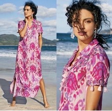 Soft Surroundings Pink Palace Boho Embroidered Tassels Maxi Ikat Dress S