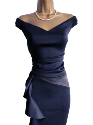 lipsy satin panel bardot flute hem bodycon dress Annie | Champagne Satin Bardot Maxi Dress With Split Wrap Skirt