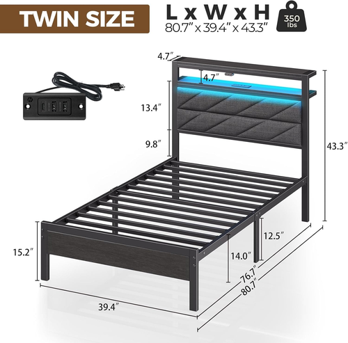 Bed Frame Twin Size with Charging Station, LED Bed with Upholstered Storage Head - Picture 3 of 7