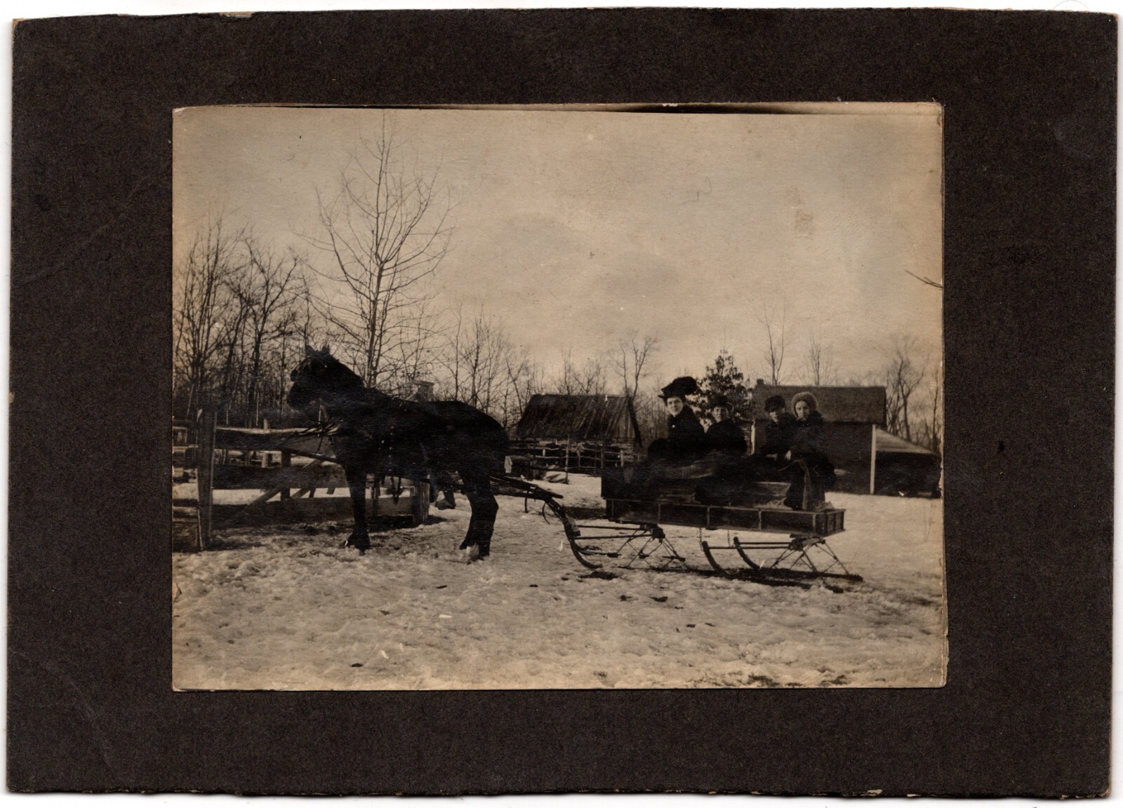 CIRCA 1870s MOUNTED PHOTO HORSE PULLING SLEIGH ON FARM CHRISTMAS SNOW WINTER