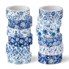 12 Rolls Blue Floral Washi Tape Chinoiserie Flower  Decorative Masking Tape Set