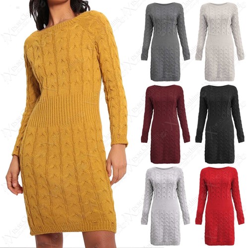 NEW WOMEN CABLE RIB KNIT JUMPER DRESS 