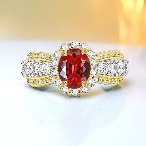 Ovaler Ring 2 kt Lab Grown roter Rubin 18 K Gold Vermeil, intarsiert mit Lab Grown Diamond - Bild 1 von 11