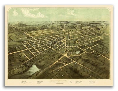 Bird's Eye View 1866 Hillsdale Michigan Vintage Style City Map - 20x28