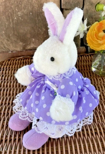 KIDS of America White Plush Bunny Rabbit Purple Dress White Dot Small 7" Sitting
