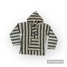 UNISEX L Mexican Style Poncho Baja Hoodie Drug Rug Front Pocket Green Striped