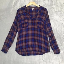 Splendid Top Womens Small Blue Plaid Popover V Neck Long Roll Tab Sleeves Pocket