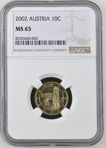 2002 Austria 10 Euro Cent NGC MS65 Brass Coin 10C - Picture 5 of 8